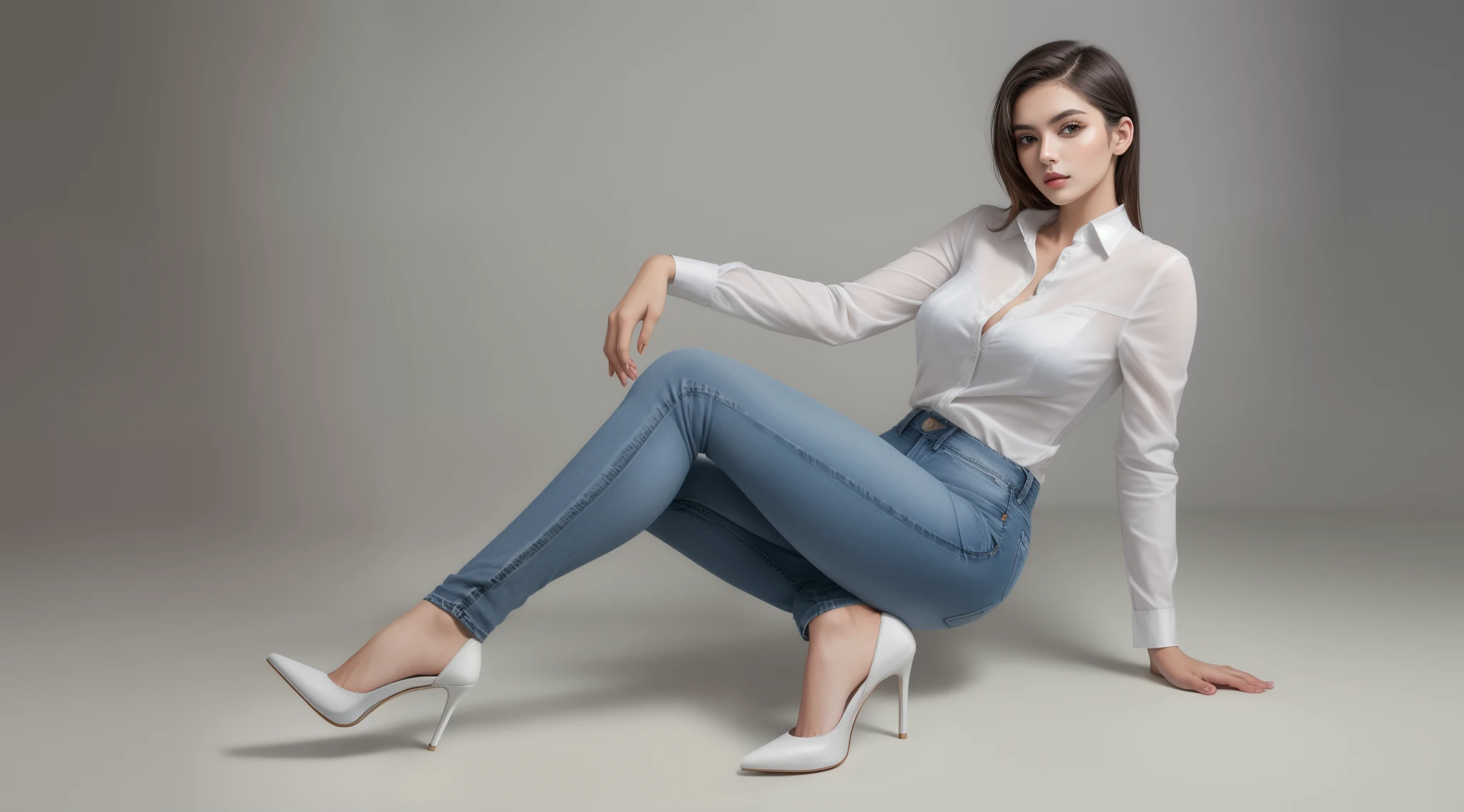 araffe woman sitting on the floor wearing jeans and high heels, White shirt and pants Clothes Jeans, Pose casual, white shirt and pants blue jeans, pose atraente, vestido com camisa branca, pose sexy, pose muito sexy, wearing pants jeans, wearing a shirt and jeans, vestindo roupas apertadas, vestindo roupas casuais elegantes, elegante posou, foto de modelo de menina slim, jeans