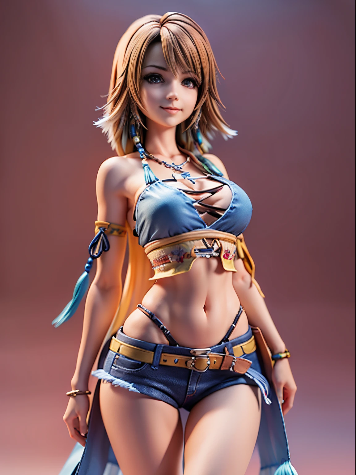4K,1little girl、Denim Bikini、masutepiece, hight resolution, ultra-detailliert), 1 female, 28 years old, Final Fantasy Yuna x2, More mature, (( Background)), Plain dark background, ((There is nothing in the background)), hyper realisitic, Yuna's Final Fantasy Costume, Yuna's original costume design in Final Fantasy X2, (((nffsw.Creative Uncut/Gallery-01/FF10 - 2 - Yuna 2.........html))), Tattered exposed denim shorts, Features of asymmetrical clothing, Belt on the left hip, Simulation of the best clothes, No collar, 1womanl, Windy nights, Yuna'Bob hairstyle, busty, cleavage, middle_Breast, thicc body, Smile, Lack of hanging sleeves,, up close shot, full frontal shot, zoomed in shots, Access HIPS image scope, Smile with closed mouth, head to waist, Characters looking at the camera, looking at you, YunaFFX, blue-beaded earring