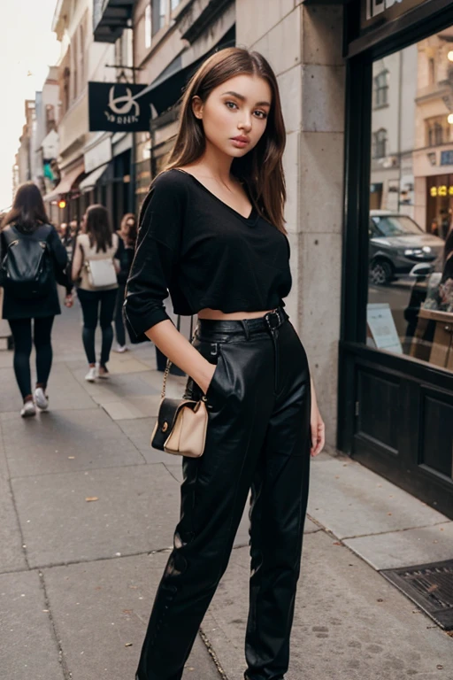 arafed woman with black clothes, with brown eyes, portrait sophie mudd, brown hair and large eyes, selfie of a young woman, natural makeup, face with artgram, subtle makeup, stunning full body shot, Confident young woman in trendy street fashion, exploring a bustling city, with brown eyes, portrait like Sophie Mudd, brown hair and large eyes, candid shot, casual chic style, urban vibes,