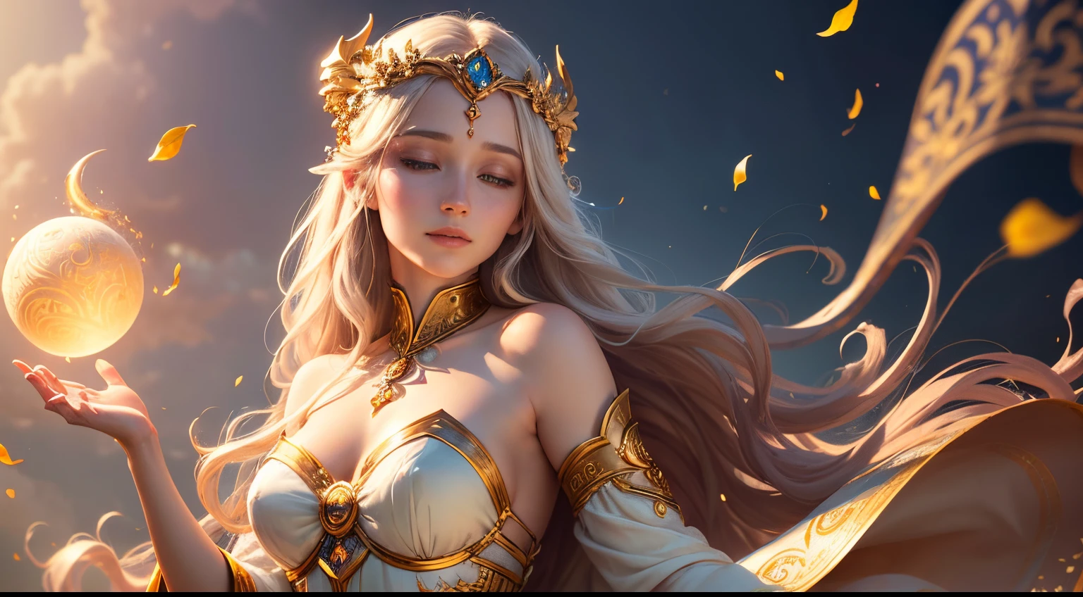 Sigyn, Norse goddess of fidelity and constancy,(best quality,4k,8k,highres,masterpiece:1.2),ultra-detailed,(realistic,photorealistic,photo-realistic:1.37),ethereal beauty,serene expression,vibrant colors,soft lighting,golden hues,flowing golden hair,delicate facial features,majestic presence,serene atmosphere,Norse mythology,celestial surroundings,divine grace,enchanted garden,flower petals in the air,graceful posture,goddess robes,ethereal glow,calm demeanor,peaceful setting,elaborate headpiece,crescent moon symbol,Fidelity and constancy embodied,heavenly aura,mystical ambiance,harmonious energy,subtle elegance,luminous glow,transcendent beauty,elegantly floating,fair complexion,charm and grace,symbol of devotion,divine protection,symbolic gestures,sublime presence,magic in the air.