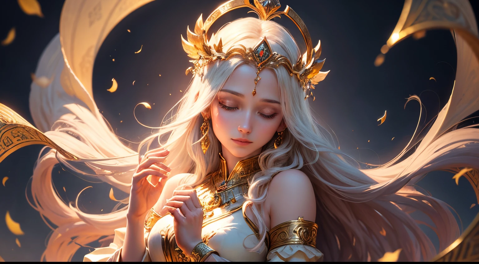 Sigyn, Norse goddess of fidelity and constancy,(best quality,4k,8k,highres,masterpiece:1.2),ultra-detailed,(realistic,photorealistic,photo-realistic:1.37),ethereal beauty,serene expression,vibrant colors,soft lighting,golden hues,flowing golden hair,delicate facial features,majestic presence,serene atmosphere,Norse mythology,celestial surroundings,divine grace,enchanted garden,flower petals in the air,graceful posture,goddess robes,ethereal glow,calm demeanor,peaceful setting,elaborate headpiece,crescent moon symbol,Fidelity and constancy embodied,heavenly aura,mystical ambiance,harmonious energy,subtle elegance,luminous glow,transcendent beauty,elegantly floating,fair complexion,charm and grace,symbol of devotion,divine protection,symbolic gestures,sublime presence,magic in the air.