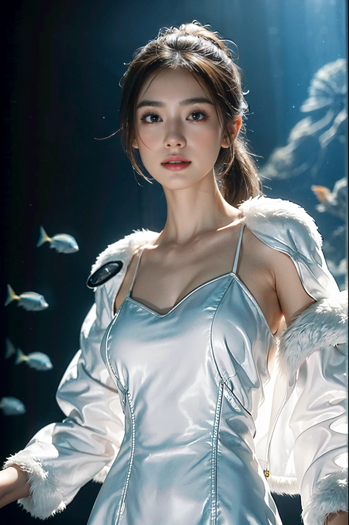 (((8k))),((Extremely meticulous CG)),(wallpaper),16k,((Extremely refined and beautiful)),(((Masterpiece))),(((best qualtiy))),(((Ultra High Resolution))),beautiful light up,Perfect lightning,realistic shaded,[A high resolution],(Smooth and flawless fair skin:1.5),Extremely exquisite facial details,(perfect body:1.1),ultra - detailed,A beautiful girl,small head,((very short ponytail)),small face,Exquisite makeup,clear face,(pale skin:1.3),(huge breasts:1.1),towering chests,slim,thin,happy Smile,(white fur jacket:1.3),thighs,slender bare legs,white boots,(Standing in the aquarium:1.2),Dark light,(detailed background:1.5),(from front:1.3),(upper body:1.3),Epic fantasy concept, Modern transparent building at night，It  a huge aquarium containing marine life, Nice colorful light decoration, Wide shot, 8k Octane rendering, Photorealistic, Cinematic lighting, detailed building, Detailed fishes