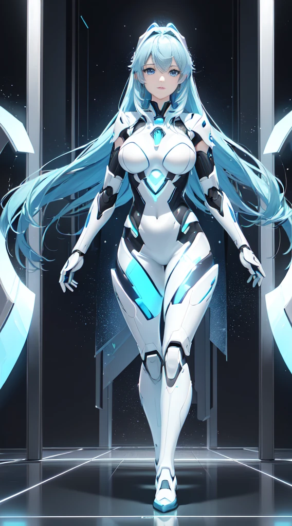 Unreal Engine:1.4,nffsw,best qualtiy:1.4, Photorealista:1.4, Skin texture:1.4, masterpiece:1.8,((Beautiful robot woman Symmetrical young and ethereal beautiful face bright color digital image with long icy blue hair and eyes reflecting galaxy., In elegant futuristic dress shining with holographic light reflection, Stand in front of grace, Glowing portal emitting mist and glowing particles,( It is inside a high-tech lab full of screens and shiny equipment.....), Rendered in stunning sci-fi anime art style with cinematic lighting, intricate line art, Beautiful structure of atmospheric glow effect )),(机器人:1.4),Orange backlight:1.4,Manos Details:1.4,