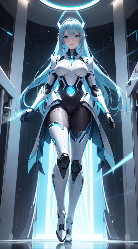 (((Photo from behind:1.6)))、((Lenses shining on both breasts:1.3))、((Blue pillars of light radiate from both of his chests..:1.3))、(Dynamic pose:1.6)、smile、((8K)), ((32k)), ((Highest quality)), ((masterpiece)), ((Ultra-high resolution)), ((Tmasterpiece)), ((Hello:1.4))、((Mechaニカルheadgear:1.2))、((Cyber Headphones:1.3))Fine skin, High quality fabric, Fine metal texture、((Beautiful and dense face))、RAW Photos、Professional, Ultra-fine painting, ((alone)), Beautiful breasts、Highest quality, Very detailed, Very detailed詳細, Finer details, so beautiful, ((Princess Knight Robot:1.2)), (Joint of the machine, Mechanical Limbs:1.3), (The internal structure of the machine is exposed:1.3), (Long silver hair:1.1), (Beautiful and huge mechanical breasts)、White Veil, cowboy_shot, Side Focus, headgear, Shiny、(Five Fingers, Four fingers and thumb),Concept Art, Anime fantasy artwork, Detailed fantasy art, (with pale blue-violet hair and large white wings,,,,,,,,), (((Long silver hair))), (Mecha:1.6)、Sleek and intimidating design, ((Commander-in-Chief'arm)), (Perfect robot body)、純白と青紫armまたは, Symmetrical wings, 8K 高品質詳細アート, 3D rendering of character art in 8K, neat legs, Defined, Defined fingers,((headshot:1.3))