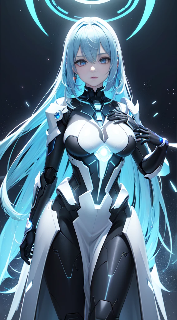 Unreal Engine:1.4,nffsw,best qualtiy:1.4, Photorealista:1.4, Skin texture:1.4, masterpiece:1.8,((Beautiful robot woman Symmetrical young and ethereal beautiful face bright color digital image with long icy blue hair and eyes reflecting galaxy., In elegant futuristic dress shining with holographic light reflection, Stand in front of grace, Glowing portal emitting mist and glowing particles,( It is inside a high-tech lab full of screens and shiny equipment.....), Rendered in stunning sci-fi anime art style with cinematic lighting, intricate line art, Beautiful structure of atmospheric glow effect )),(机器人:1.4),Orange backlight:1.4,Manos Details:1.4,