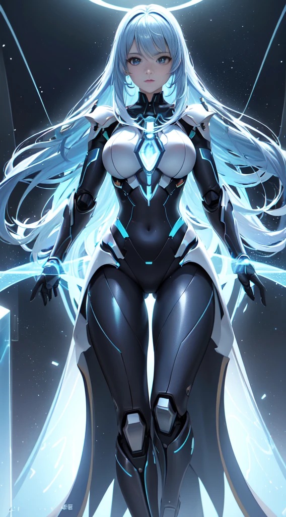 Unreal Engine:1.4,nffsw,best qualtiy:1.4, Photorealista:1.4, Skin texture:1.4, masterpiece:1.8,((Beautiful robot woman Symmetrical young and ethereal beautiful face bright color digital image with long icy blue hair and eyes reflecting galaxy., In elegant futuristic dress shining with holographic light reflection, Stand in front of grace, Glowing portal emitting mist and glowing particles,( It is inside a high-tech lab full of screens and shiny equipment.....), Rendered in stunning sci-fi anime art style with cinematic lighting, intricate line art, Beautiful structure of atmospheric glow effect )),(机器人:1.4),Orange backlight:1.4,Manos Details:1.4,