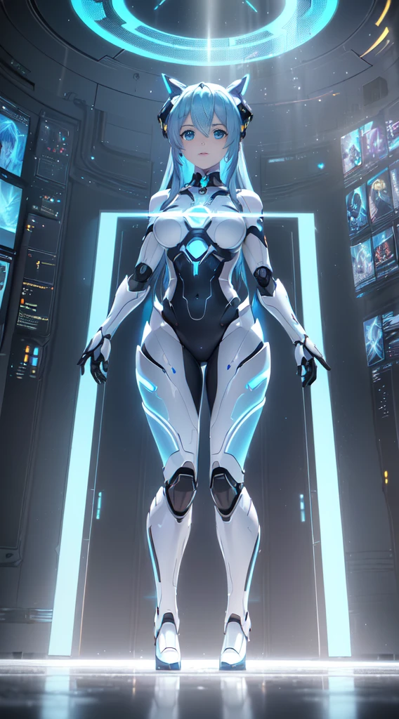 Unreal Engine:1.4,nffsw,best qualtiy:1.4, Photorealista:1.4, Skin texture:1.4, masterpiece:1.8,((Beautiful robot woman Symmetrical young and ethereal beautiful face bright color digital image with long icy blue hair and eyes reflecting galaxy., In elegant futuristic dress shining with holographic light reflection, Stand in front of grace, Glowing portal emitting mist and glowing particles,( It is inside a high-tech lab full of screens and shiny equipment....), Rendered in stunning sci-fi anime art style with cinematic lighting, intricate line art, Beautiful structure of atmospheric glow effect )),(机器人:1.4),Orange backlight:1.4,