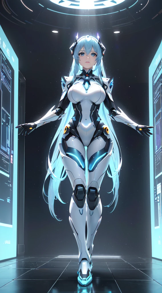 Unreal Engine:1.4,nffsw,best qualtiy:1.4, Photorealista:1.4, Skin texture:1.4, masterpiece:1.8,((Beautiful robot woman Symmetrical young and ethereal beautiful face bright color digital image with long icy blue hair and eyes reflecting galaxy., In elegant futuristic dress shining with holographic light reflection, Stand in front of grace, Glowing portal emitting mist and glowing particles,( It is inside a high-tech lab full of screens and shiny equipment....), Rendered in stunning sci-fi anime art style with cinematic lighting, intricate line art, Beautiful structure of atmospheric glow effect )),(机器人:1.4),Orange backlight:1.4,