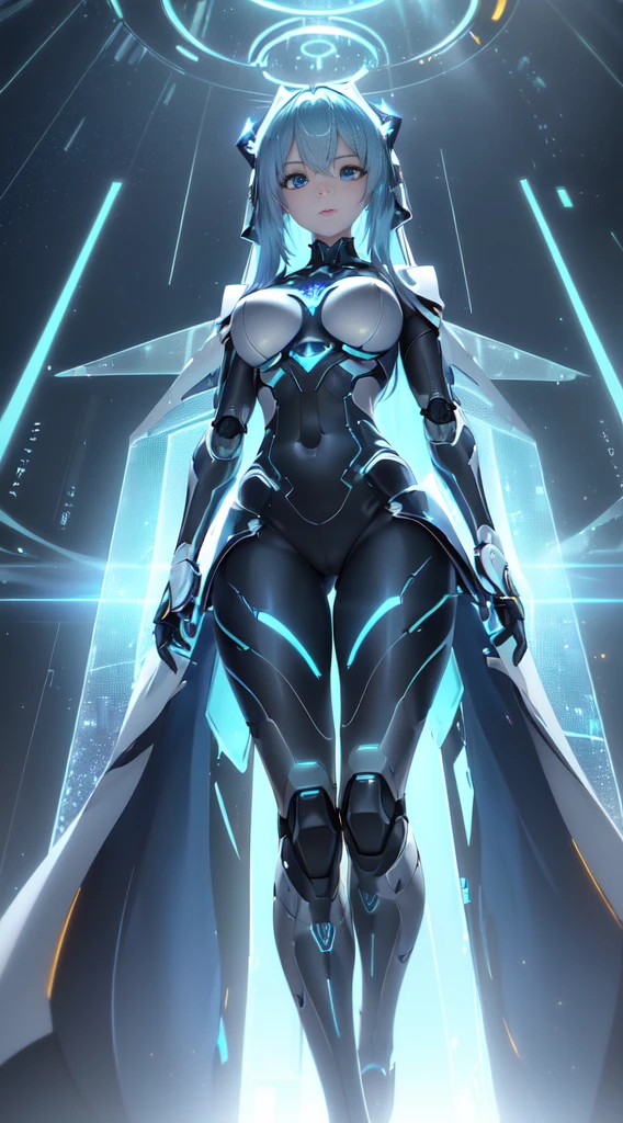 Unreal Engine:1.4,nffsw,best qualtiy:1.4, Photorealista:1.4, Skin texture:1.4, masterpiece:1.8,((Beautiful robot woman Symmetrical young and ethereal beautiful face bright color digital image with long icy blue hair and eyes reflecting galaxy., In elegant futuristic dress shining with holographic light reflection, Stand in front of grace, Glowing portal emitting mist and glowing particles,( It is inside a high-tech lab full of screens and shiny equipment....), Rendered in stunning sci-fi anime art style with cinematic lighting, intricate line art, Beautiful structure of atmospheric glow effect )),(机器人:1.4),Orange backlight:1.4,