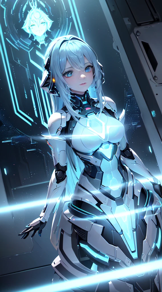 Unreal Engine:1.4,nffsw,best qualtiy:1.4, Photorealista:1.4, Skin texture:1.4, ​masterpiece:1.8,((Beautiful robot woman Symmetrical young and ethereal beautiful face bright color digital image with long icy blue hair and eyes reflecting galaxy., In elegant futuristic dress shining with holographic light reflection, Stand in front of grace, Glowing portal emitting mist and glowing particles,( It is inside a high-tech lab full of screens and shiny equipment....), Rendered in stunning sci-fi anime art style with cinematic lighting, intricate line art, Beautiful structure of atmospheric glow effect  )),(机器人:1.4),Orange backlight:1.4,