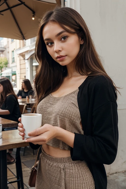 arafed woman with black clothes, with brown eyes, portrait sophie mudd, brown hair and large eyes, selfie of a young woman, natural makeup, face with artgram, subtle makeup, stunning full body shot, Confident young woman in trendy street fashion, exploring a bustling city, with brown eyes, portrait like Sophie Mudd, brown hair and large eyes, candid shot, casual style, drinking coffee, in a very cute coffee shop