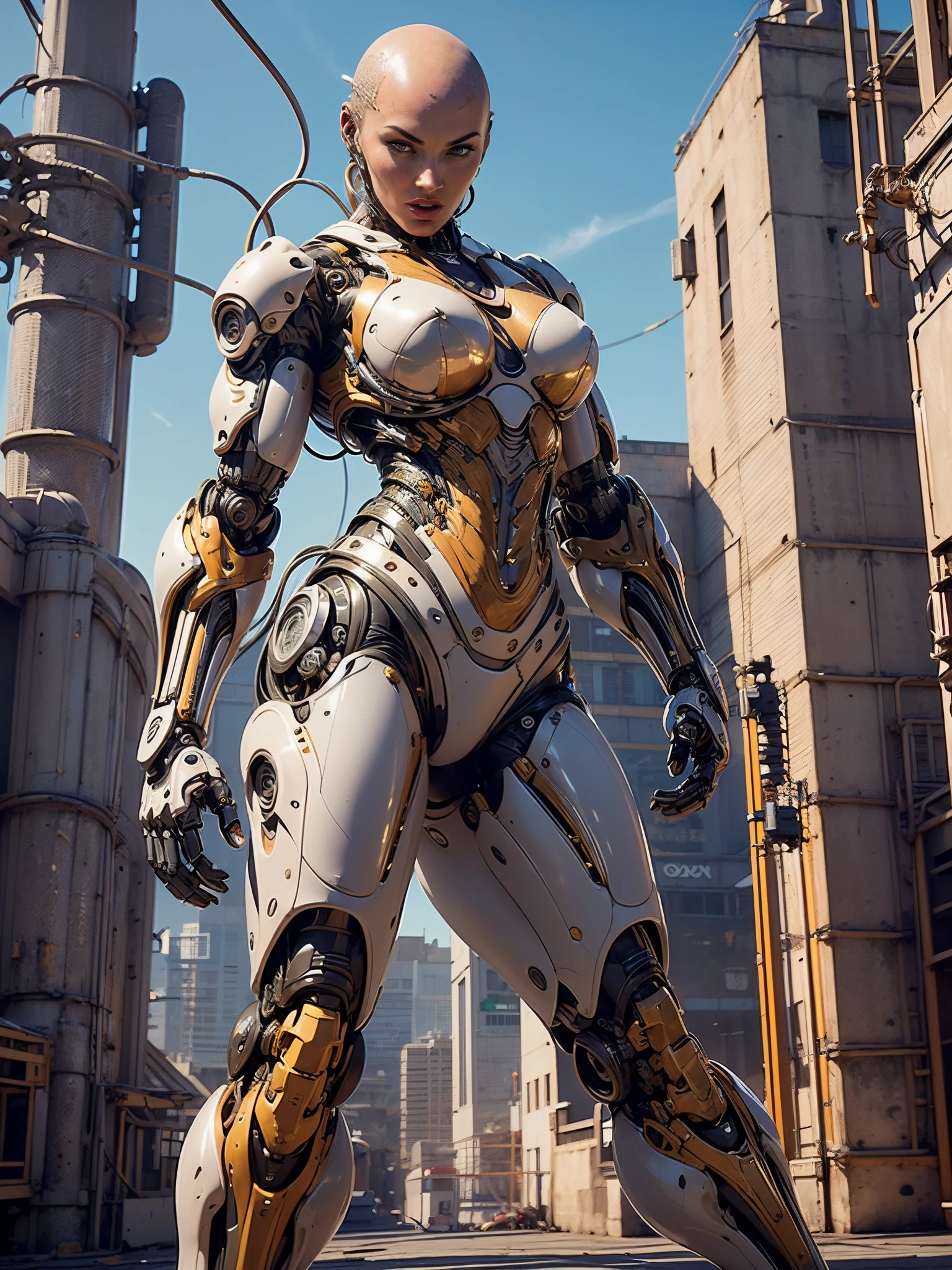 (beautiful muscular female cyborg:1.25), (megan-fox:1.5), (full body pose), (metallic muscular armor:1.5), (no hair), (bald head covered in cables:1.5), (robotic mechanical physique:1.5), (super muscular female cyborg:1.5), (covered in cables and mechanical muscles:1.5), (android muscular anatomy:1.5), (perfect fingers:1.25),(8k, RAW photo, photorealistic:1.25), sci fi atmosphere, futuristic dystopia, alien landscape,