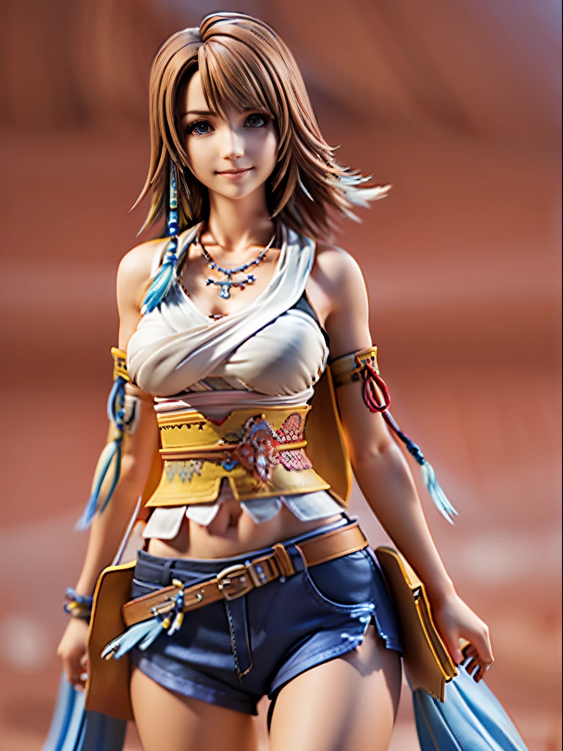 4K,1***********、Denim Bikini、masutepiece, hight resolution, ultra-detailliert), 1 female, 28 years old, Final Fantasy Yuna x2, More mature, (( Background)), Plain dark background, ((There is nothing in the background)), hyper realisitic, Yuna's Final Fantasy Costume, Yuna's original costume design in Final Fantasy X2, (((nffsw.Creative Uncut/Gallery-01/FF10 - 2 - Yuna 2............html))), Tattered exposed denim shorts, Features of asymmetrical clothing, Belt on the left hip, Simulation of the best clothes, No collar, 1womanl, Windy nights, Yuna&#39;Bob hairstyle, busty, cleavage, middle_Breast, thicc body, Smile, Lack of hanging sleeves,, up close shot, full frontal shot, zoomed in shots, Access HIPS image scope, Smile with closed mouth, head to waist, Characters looking at the camera, looking at you, YunaFFX, blue-beaded earring