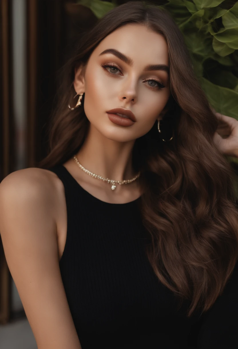 arafed woman with black clothes, with brown eyes, portrait sophie mudd, brown hair and large eyes, selfie of a young woman, natural makeup, face with artgram, subtle makeup, stunning full body shot, Fashion-forward influencer enjoying a day of shopping in high-end boutiques, wearing black clothes, with a touch of Sophie Mudd's allure, showcasing the latest trends, and luxury lifestyle