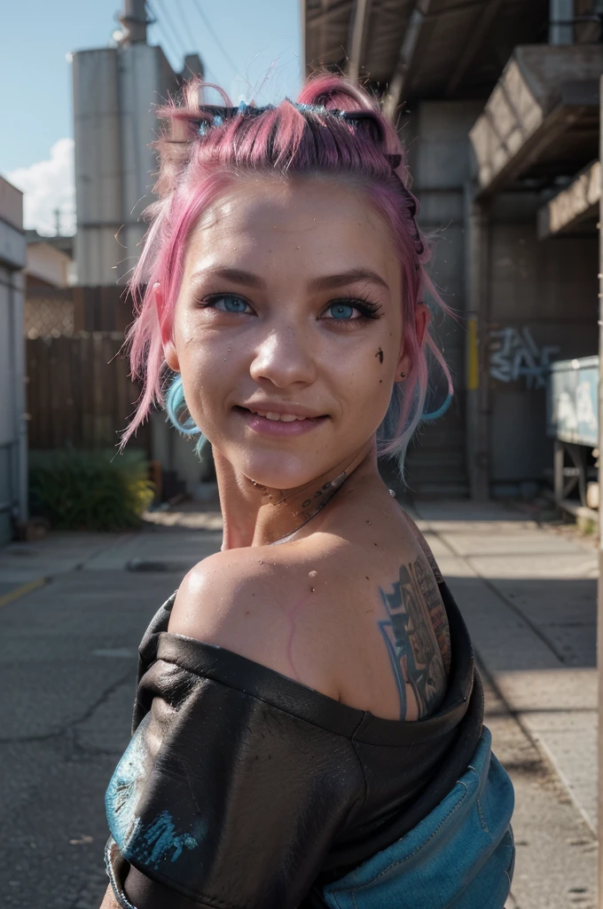 naked girl, big Tits, Night, street, close-up, in half a turn, bottom view, pink hair, shoulderbelt, braids