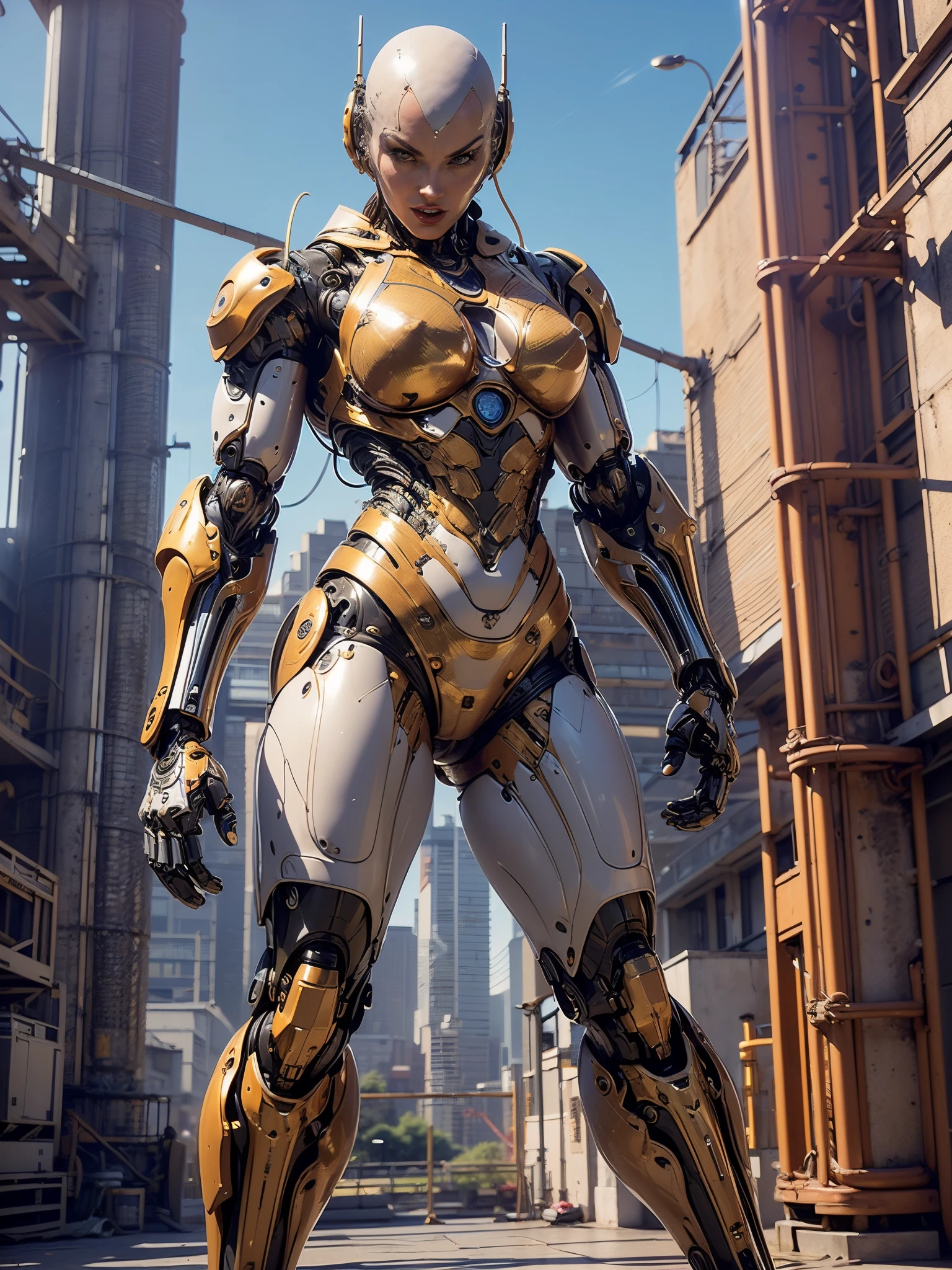 (beautiful muscular female cyborg:1.25), (megan-fox:1.5), (full body pose), (metallic muscular armor:1.5), (no hair), (bald head covered in cables:1.5), (robotic mechanical physique:1.5), (super muscular female cyborg:1.5), (covered in cables and mechanical muscles:1.5), (android muscular anatomy:1.5), (perfect fingers:1.25),(8k, RAW photo, photorealistic:1.25), sci fi atmosphere, futuristic dystopia, alien landscape,