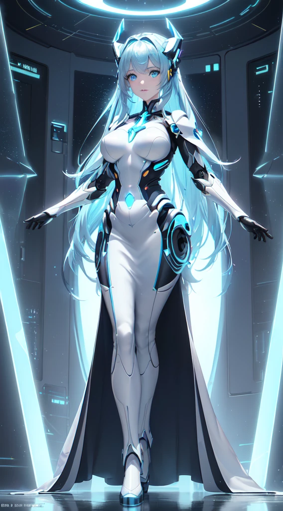 Unreal Engine:1.4,nffsw,best qualtiy:1.4, Photorealista:1.4, Skin texture:1.4, masterpiece:1.8,((Beautiful robot woman Symmetrical young and ethereal beautiful face bright color digital image with long icy blue hair and eyes reflecting galaxy., In elegant futuristic dress shining with holographic light reflection, Stand in front of grace, Glowing portal emitting mist and glowing particles,( It is inside a high-tech lab full of screens and shiny equipment....), Rendered in stunning sci-fi anime art style with cinematic lighting, intricate line art, Beautiful structure of atmospheric glow effect )),(机器人:1.4),Orange backlight:1.4,