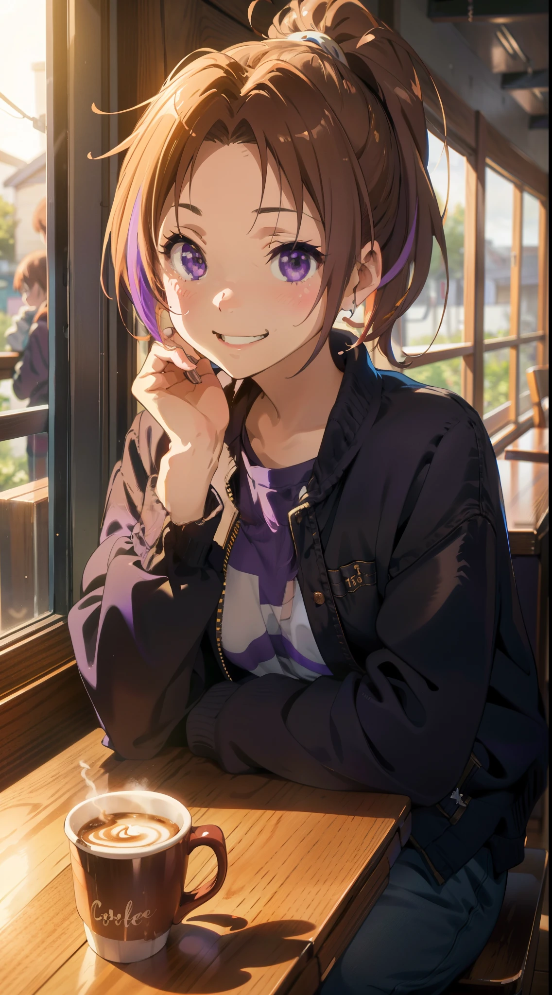 Jacket, (masutepiece), (Best Quality),1girl in, I like you so much, (Perfect face), Sitting,Cozy, Calm, a smile、Laugh, Happy, smilling, Expressive eyes, Cute, Wood, The table,  Nature, Pony tail, Purple eyes, coffee shop, Traced Lights,Modern, Back Light, Bright, colourfull