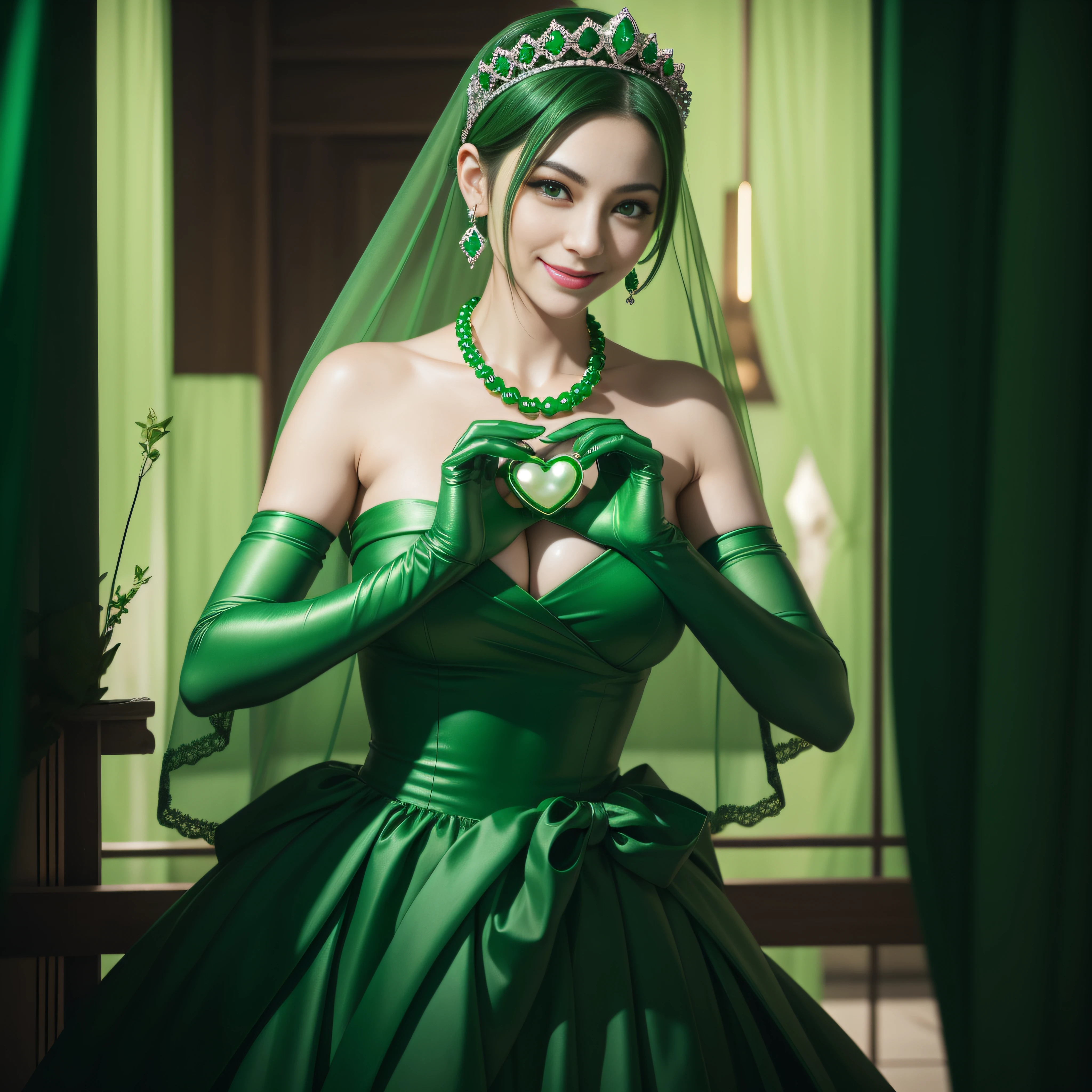 emerald tiara, Green Pearl Necklace, Boyish very short green hair, lipsticks, Japan woman smiling, very short short hair,  ??????????? beautiful, Green eyes, Long green gloves made of satin material, Green eyes, Emerald Earrings, green vale, Heart with both hands