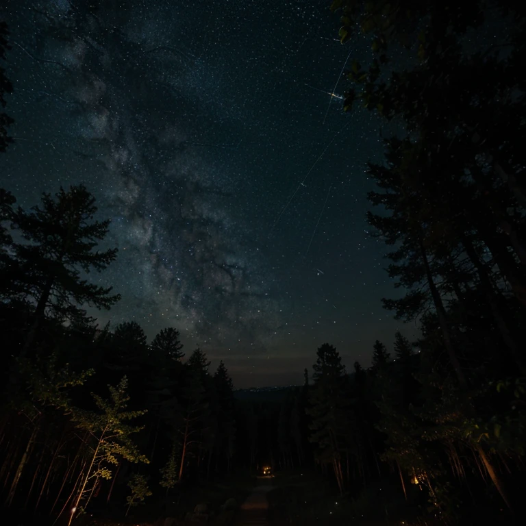 Starry night sky, in a forest with a bunch of lit fireflies.