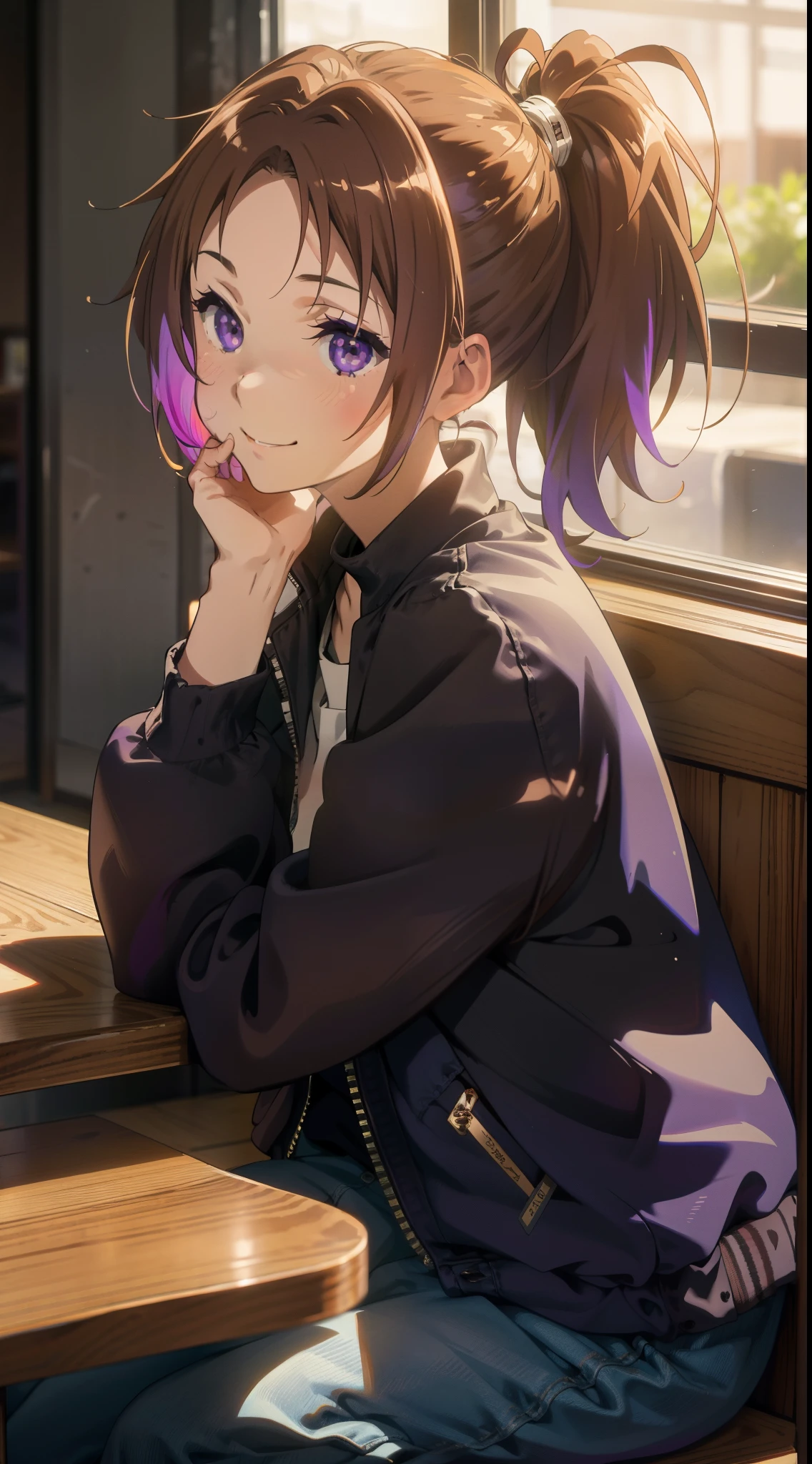 Jacket, (masutepiece), (Best Quality),1girl in, i like you very much, (Perfect face), Sitting,Cozy, Calm, Cozy、Laugh, Happy, smilling, Expressive eyes, Cute, Wood, The table,  Nature, Pony tail, Purple eyes, coffee shop, Traced Lights,Modern, Back Light, Bright, colourfull