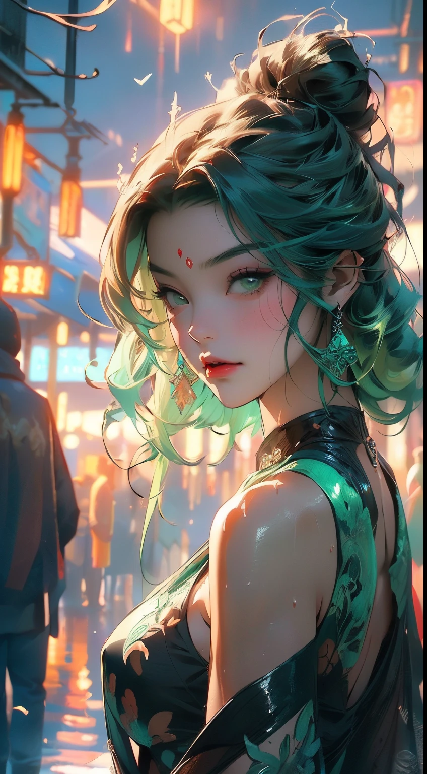 girl youtuber,(((1girl))),((extremely cute and beautiful green curly-haired girl)),
(short breasts:1.4),big butt,(((green curly hair:1.35,very curly hair,colored inner hair,ear breathing,short hair))),(((green_eyes:1.3))),intricate eyes,beautiful detailed eyes,symmetrical eyes,big eyes:1.3,((fat)),(((lustrous skin:1.5,bright skin: 1.5,skin tanned,shiny skin,very shiny skin,shiny body,plastic glitter skin,exaggerated shiny skin,illuminated skin,wet legs))),detailed body,(detailed face),
cute,slutty,seductive,erotic,(((nsfw))),
zettai ryouiki,revealing clothing,show skin,((rave minkirt,visible thong straps,white loose tank top with an anime art print)),((wet clothes,intricate outfit,intricate clothes)),
(dynamic pose:1.0),embarrassed,(centered,scale to fit dimensions,Rule of thirds),
cyberpunk city by the ocean at night, with bright neon signs and dark stormy clouds and puddles, scenery:1.25,
artistic photography,(photography taken by sldr),highres, sharp focus, (ultra detailed, extremely detailed), (photorealistic artwork:1.37),(extremely detailed CG unity 8k wallpaper),((synthwave background theme)),(((vibrant colors))),(intricate background),(masterpiece),(best quality),