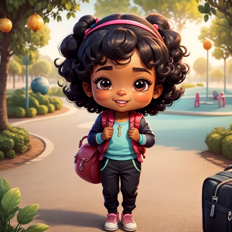 Menina Loli, pele escura, afro-americano, sorriso feliz, lindo e bonito, suit jacket, mochila, mochila escolar, moletom, Pants, parque, baby face, estilo chibi, cabelo bicolor castanho e preto, ponytail braided hair, olhos de detalhe perfeitos, rosto delicado, CG perfeito, Qualidade de imagem HD, parque infantil colorido, heaven, Feliz, swing, parque infantil, grama, brazi