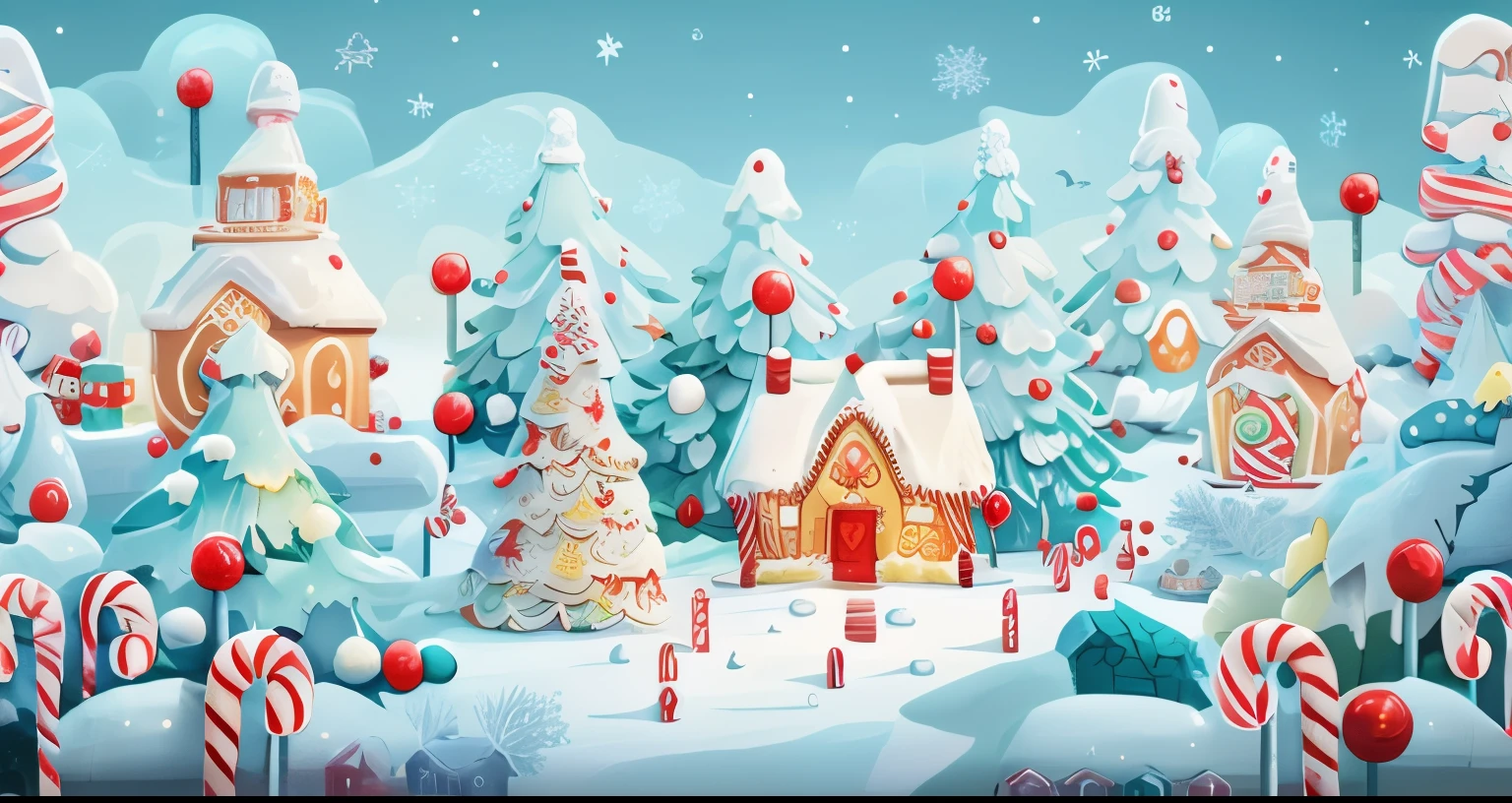Close-up of a Christmas scene with gingerbread house and trees, Candy forest, Gingerbread Candy Village, candyland, in a candy land style house, north pole, candyland, Winter Wonderland, background illustration, ๐น๏ธ ๐ ๐ซ ๐ค ๐ฌ, Winter Fantasy Scene, sugar snow, in a candy forest! in night, house background, illustartion!, The Magic Village. Exquisite graphics, great details, delicate detail