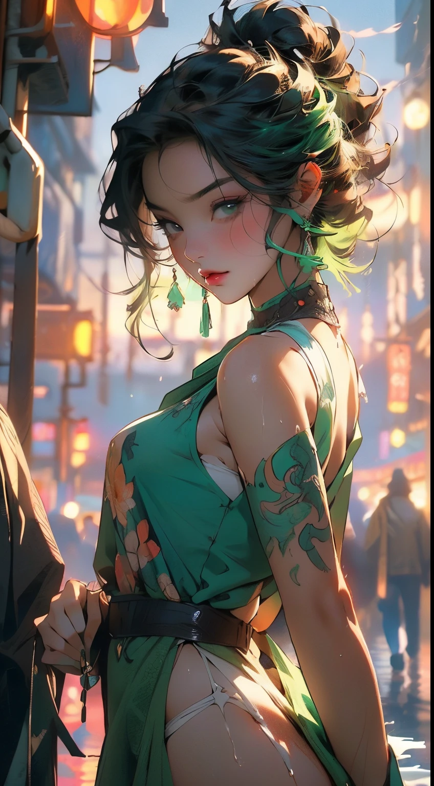 girl youtuber,(((1girl))),((extremely cute and beautiful green curly-haired girl)),
(short breasts:1.4),big butt,(((green curly hair:1.35,very curly hair,colored inner hair,ear breathing,short hair))),(((green_eyes:1.3))),intricate eyes,beautiful detailed eyes,symmetrical eyes,big eyes:1.3,((fat)),(((lustrous skin:1.5,bright skin: 1.5,skin tanned,shiny skin,very shiny skin,shiny body,plastic glitter skin,exaggerated shiny skin,illuminated skin,wet legs))),detailed body,(detailed face),
cute,slutty,seductive,erotic,(((nsfw))),
zettai ryouiki,revealing clothing,show skin,((rave minkirt,visible thong straps,white loose tank top with an anime art print)),((wet clothes,intricate outfit,intricate clothes)),
(dynamic pose:1.0),embarrassed,(centered,scale to fit dimensions,Rule of thirds),
cyberpunk city by the ocean at night, with bright neon signs and dark stormy clouds and puddles, scenery:1.25,
artistic photography,(photography taken by sldr),highres, sharp focus, (ultra detailed, extremely detailed), (photorealistic artwork:1.37),(extremely detailed CG unity 8k wallpaper),((synthwave background theme)),(((vibrant colors))),(intricate background),(masterpiece),(best quality),