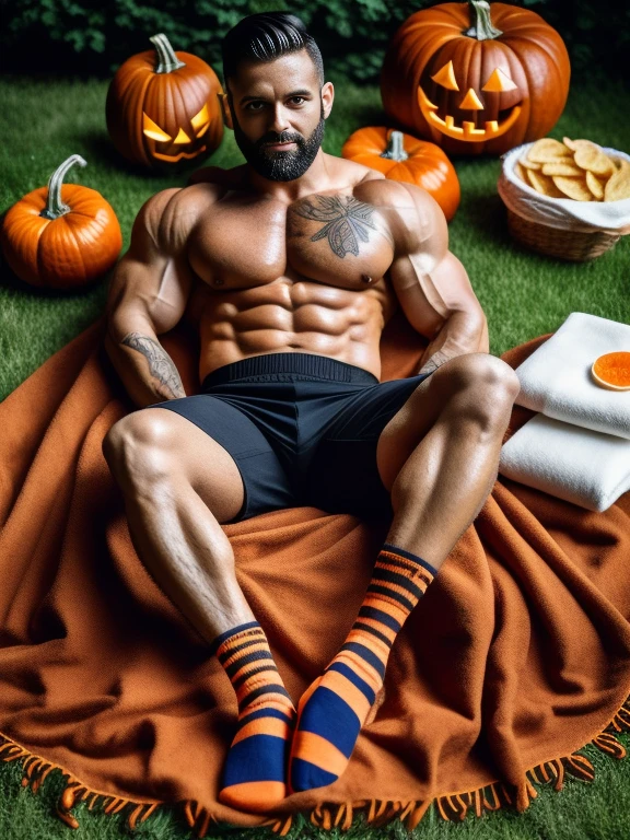 30 years old, big eyes, male, stubble, short hair, huge muscles, exaggerated muscles, mature man, muscle swelling, bodybuilding, pectoral muscles, abs, in the courtyard of European sculpture, jack-o'-lantern, orange striped shirt, open shirt, pumpkin badge, jack-o'-lantern necklace, orange suspenders, white long cotton socks, natural light, wet, wheat-colored skin, 1man, tattoo on forearm, Halloween ornaments, night, sitting on a patterned blanket with hearty festive food on the blanket, egg tarts, picnic basket, Potato chips, pizza, burgers, cola, legs stretched forward