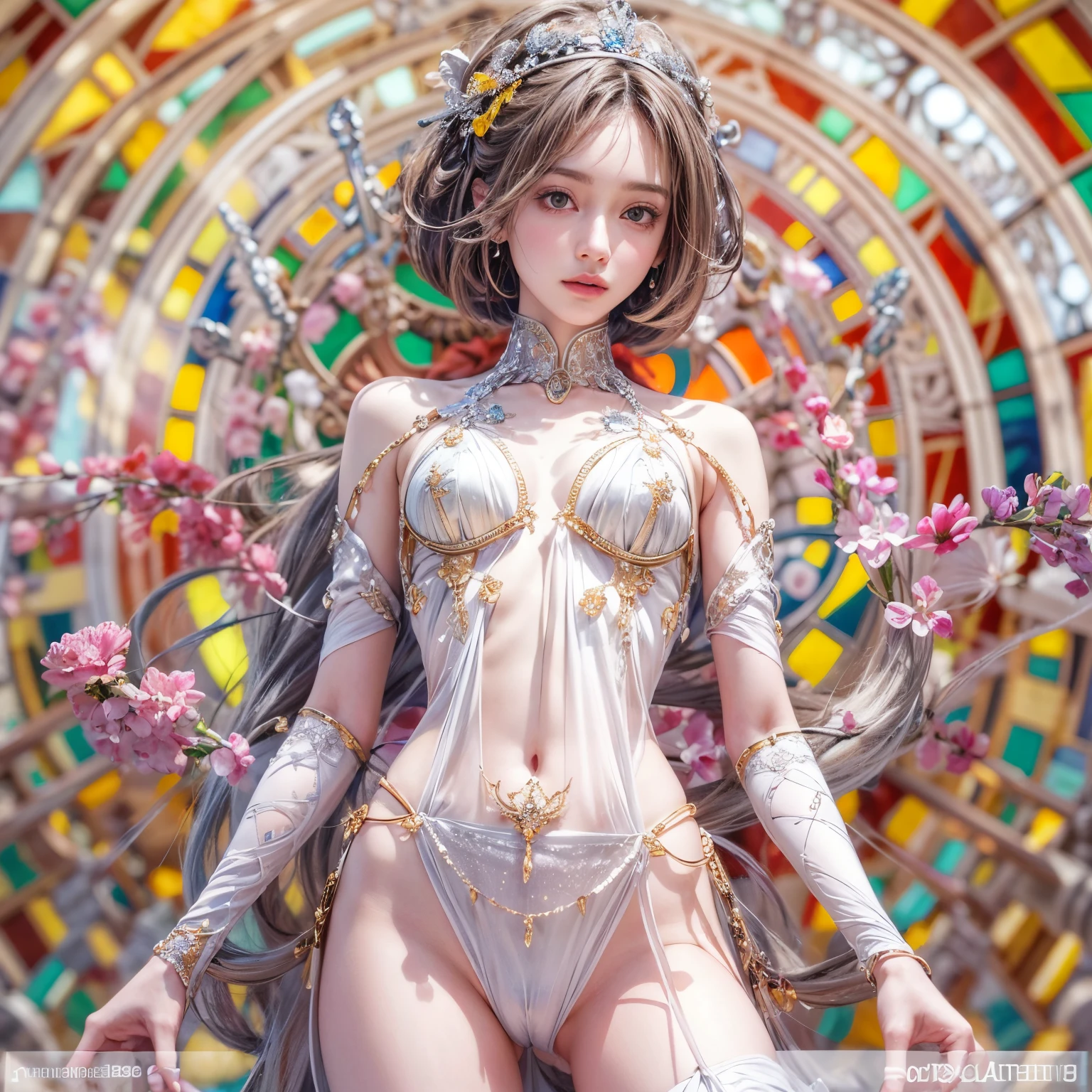 ( Masterpiece, White and vivid colors, (Exposed:1.2), (nipple:-0.9)(Acutance:0.9)), (((Tiny idol))), ((face variations)), { Navel | pretty Ass }, portrayed in the best quality and high resolution. The image should be ultra-detailed, realistic, and photorealistic with a touch of rawness. concept art. The color tone should be vibrant and vivid, enhancing the overall visual impact. (Whole Body proportions and all limbs are anatomically accurate), (Vivid Colorful light shines through the delicate stained glass). delicate limbs, Detail of sparkling oiled ivory skin, (short Bob, delicate wear), Whole Body proportions and all limbs are anatomically accurate .