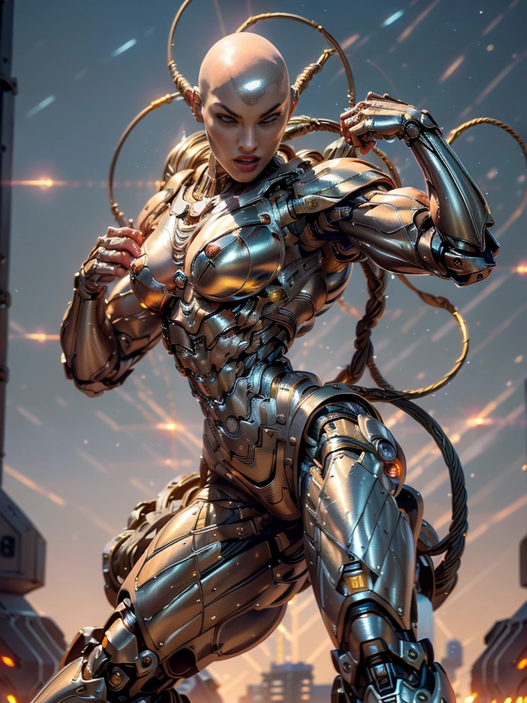 (beautiful muscular female cyborg:1.25), (megan-fox:1.5), (full body pose), (metallic muscular armor:1.5), (no hair), (bald head covered in cables:1.5), (robotic mechanical physique:1.5), (super muscular female cyborg:1.5), (covered in cables and mechanical muscles:1.5), (android muscular anatomy:1.5), (perfect fingers:1.25),(8k, RAW photo, photorealistic:1.25), sci fi atmosphere, futuristic dystopia, alien landscape,