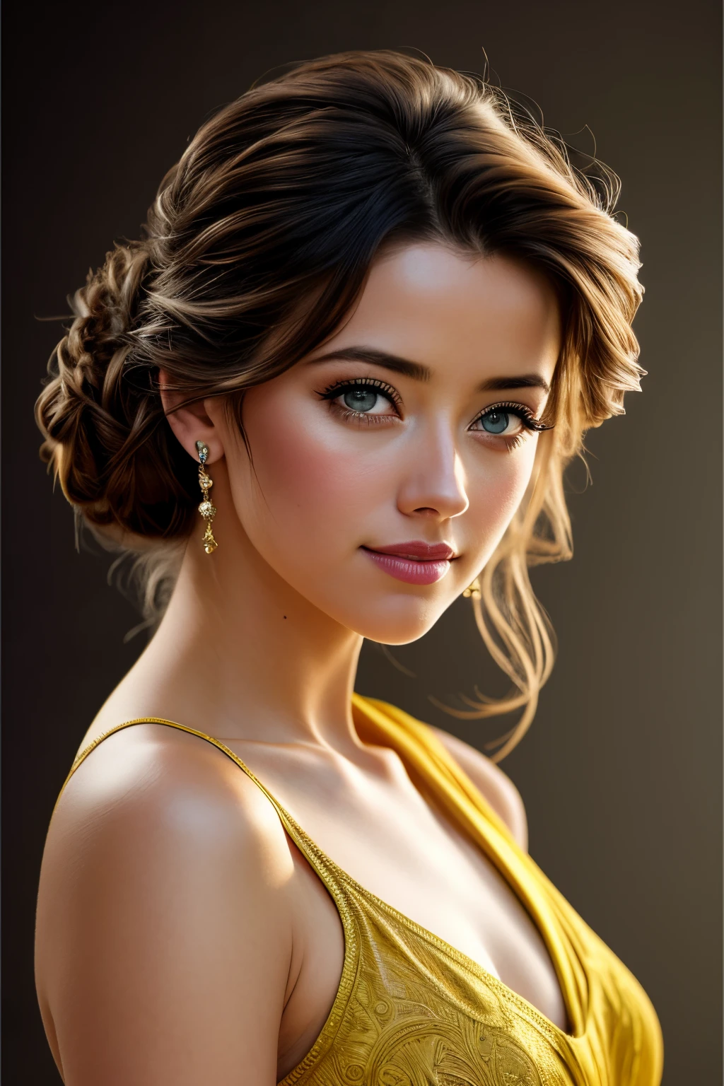 photo of beautiful (Amber Heard:0.99), a woman with perfect hair, hair upsweep updo, wearing (blue buruma:1.1),  ((Medieval:1.1)), (plain yellow background:1.1), modelshoot style, (extremely detailed CG unity 8k wallpaper), professional majestic photography, (smile), ((upper body)), (Sony a7R IV Mirrorless Camera), 24mm, exposure blend, hdr, faded, extremely intricate, High (Detail:1.1), Sharp focus, dramatic, soft cinematic light, (upper body), (looking at viewer), (detailed pupils), 4k textures, soft cinematic light, adobe lightroom, photolab, elegant, ((((cinematic look)))), soothing tones, insane details, hyperdetailed, low contrast