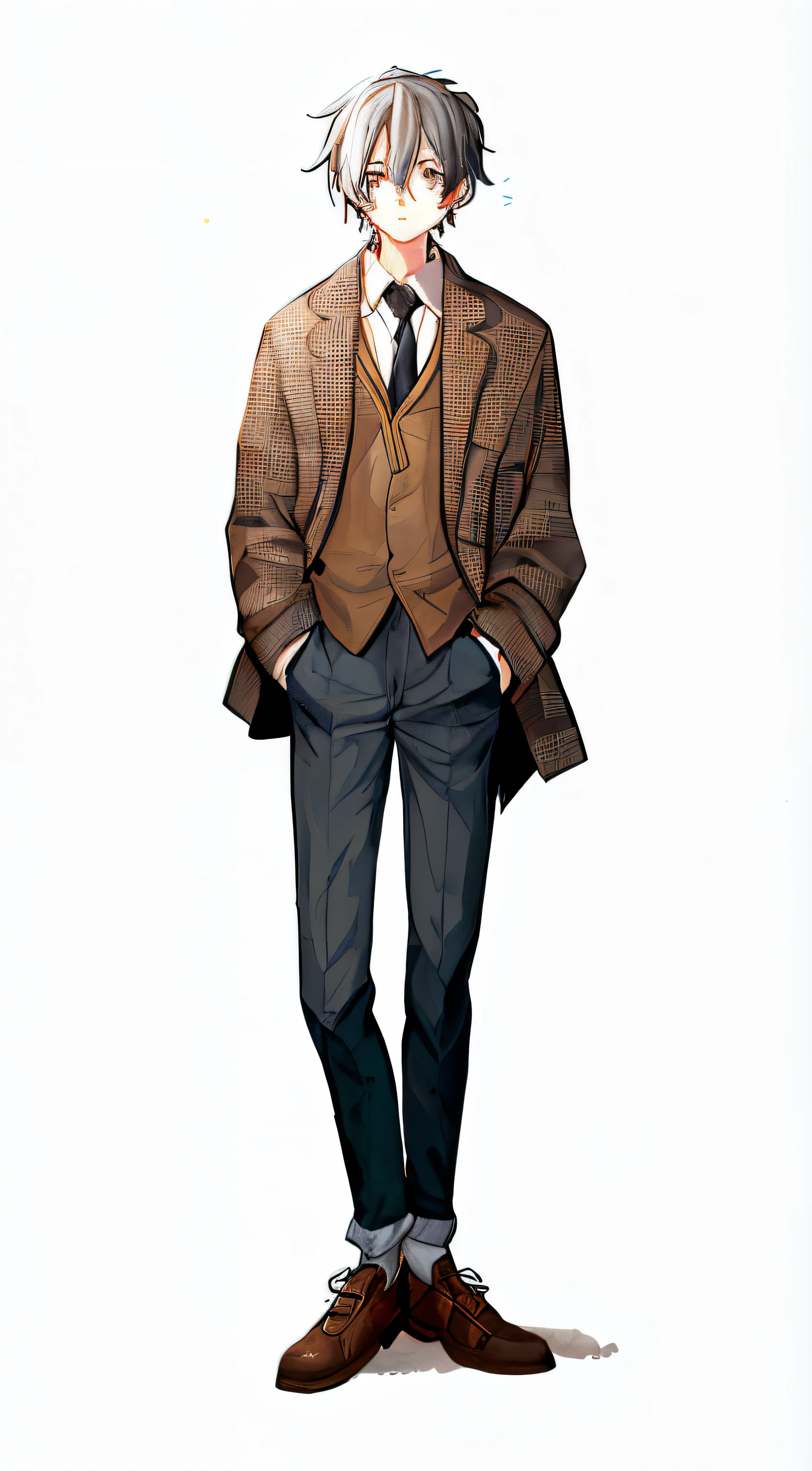 Full body portrait of a boy named Rioto, In the style of Japanese anime. He has thin white hair tied into a loose ponytail... his personality is introverted, curious, and he has a logical mindset, but there is a problem with communication. he dreams of becoming an inventor、Always thinking of new ideas and theories, Especially in science subjects. He likes reading old science books and literature on physics.., I like going to antique shops and looking for old watches and tools... The character must be drawn in a standing pose, Ideal for character illustrations (Standing picture) with a white background. This image should capture his curious and introspective nature, Reflects his love of science and invention.