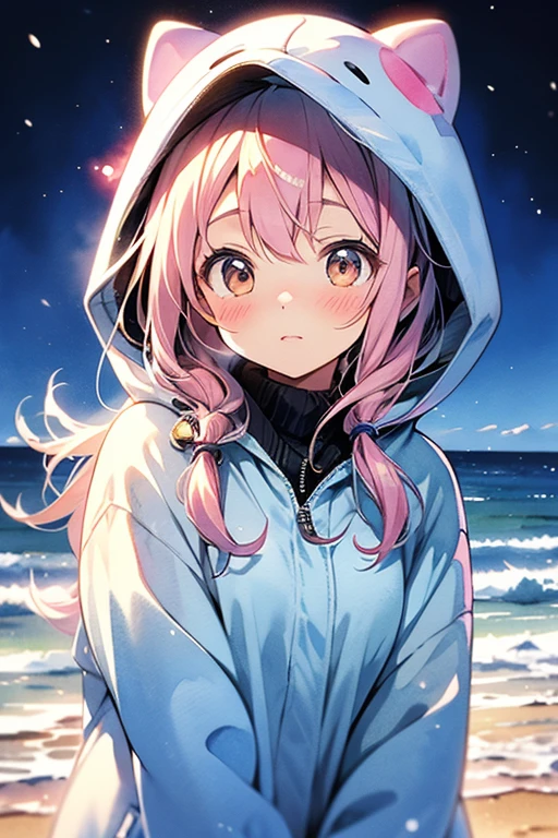 Yuko Fukiishi from Chi no Wadachi, winter, breathing out condensation, slight blush, in the style of Chi no Wadachi manga, (((Yuko Fukiishi.))), black winter coat, (((in the style of Chi no Wadachi))), water colour, 1girl, half closed eyes, hood up, looking at viewer, facing viewer, sleepy, ((watercolour))