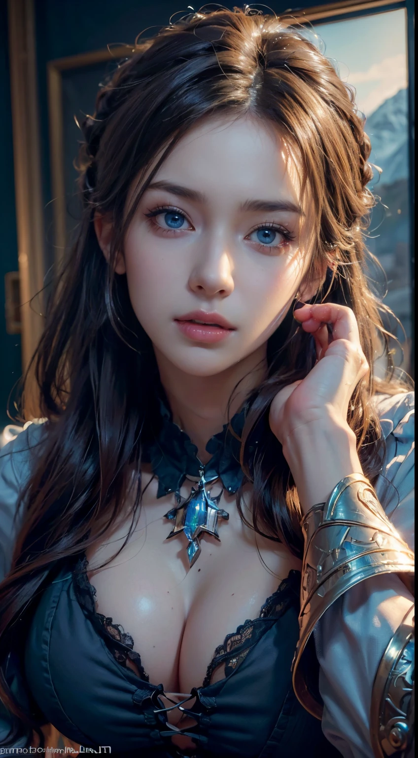 (skindentation:1.5), Realistic, Photorealistic, (masterpiece:1.5), concept art, intricate details, highly detailed, photorealistic, octane render, 8k, unreal engine, dynamic pose, best quality, highres, (realistic face:1.1), (hyperrealistic:1.1), ((full_body)), perfect eyes,(shiny skin:1.2), (((hairstyle))), (((perfect hands))), (extremely detailed background), ((dynamic background)), (light rays), ((detailed eyes, high quality eyes, high quality face)), (((flowing hairstyle))), epic, depth of field, bokeh, 4k, gothic, mountain background, lightning, glowing blue iris, at night, big boob , Exposed cleavage, blue eyes,