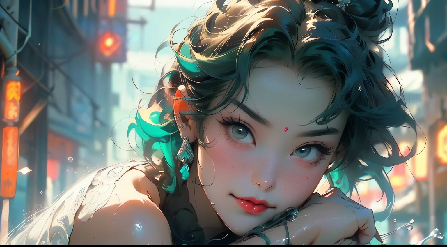 girl youtuber,(((1girl))),((extremely cute and beautiful green curly-haired girl)),
(short breasts:1.4),big butt,(((green curly hair:1.35,very curly hair,colored inner hair,ear breathing,short hair))),(((green_eyes:1.3))),intricate eyes,beautiful detailed eyes,symmetrical eyes,big eyes:1.3,((fat)),(((lustrous skin:1.5,bright skin: 1.5,skin tanned,shiny skin,very shiny skin,shiny body,plastic glitter skin,exaggerated shiny skin,illuminated skin,wet legs))),detailed body,(detailed face),
cute,slutty,seductive,erotic,(((nsfw))),
zettai ryouiki,revealing clothing,show skin,((rave minkirt,visible thong straps,white loose tank top with an anime art print)),((wet clothes,intricate outfit,intricate clothes)),
(dynamic pose:1.0),embarrassed,(centered,scale to fit dimensions,Rule of thirds),
cyberpunk city by the ocean at night, with bright neon signs and dark stormy clouds and puddles, scenery:1.25,
artistic photography,(photography taken by sldr),highres, sharp focus, (ultra detailed, extremely detailed), (photorealistic artwork:1.37),(extremely detailed CG unity 8k wallpaper),((synthwave background theme)),(((vibrant colors))),(intricate background),(masterpiece),(best quality),