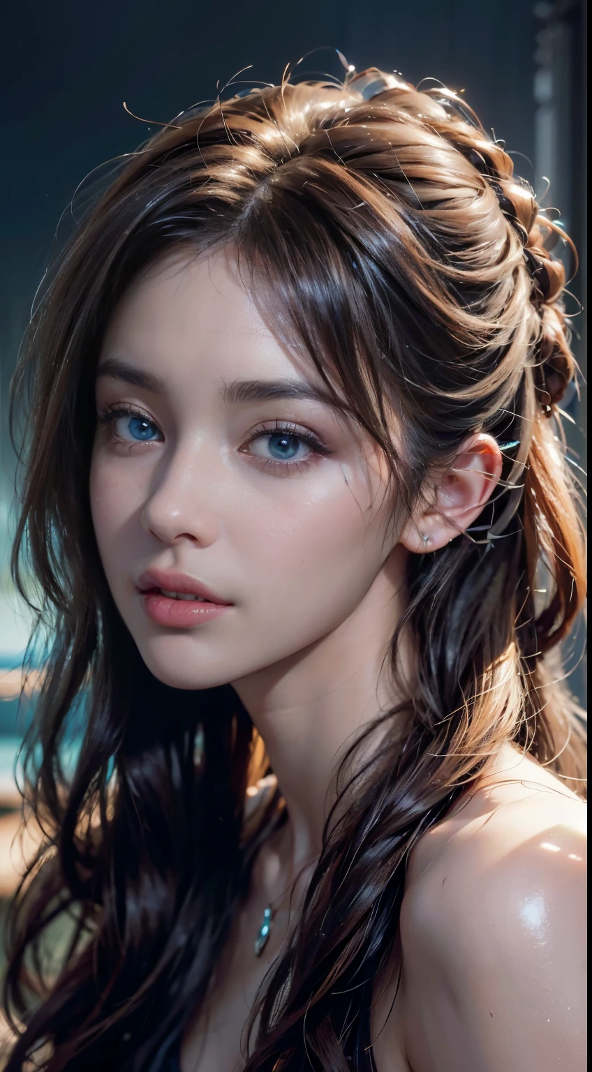 (skindentation:1.5), Realistic, Photorealistic, (masterpiece:1.5), concept art, intricate details, highly detailed, photorealistic, octane render, 8k, unreal engine, dynamic pose, best quality, highres, (realistic face:1.1), (hyperrealistic:1.1), ((full_body)), perfect eyes,(shiny skin:1.2), (((hairstyle))), (((perfect hands))), (extremely detailed background), ((dynamic background)), (light rays), ((detailed eyes, high quality eyes, high quality face)), (((flowing hairstyle))), epic, depth of field, bokeh, 4k, glowing blue iris,