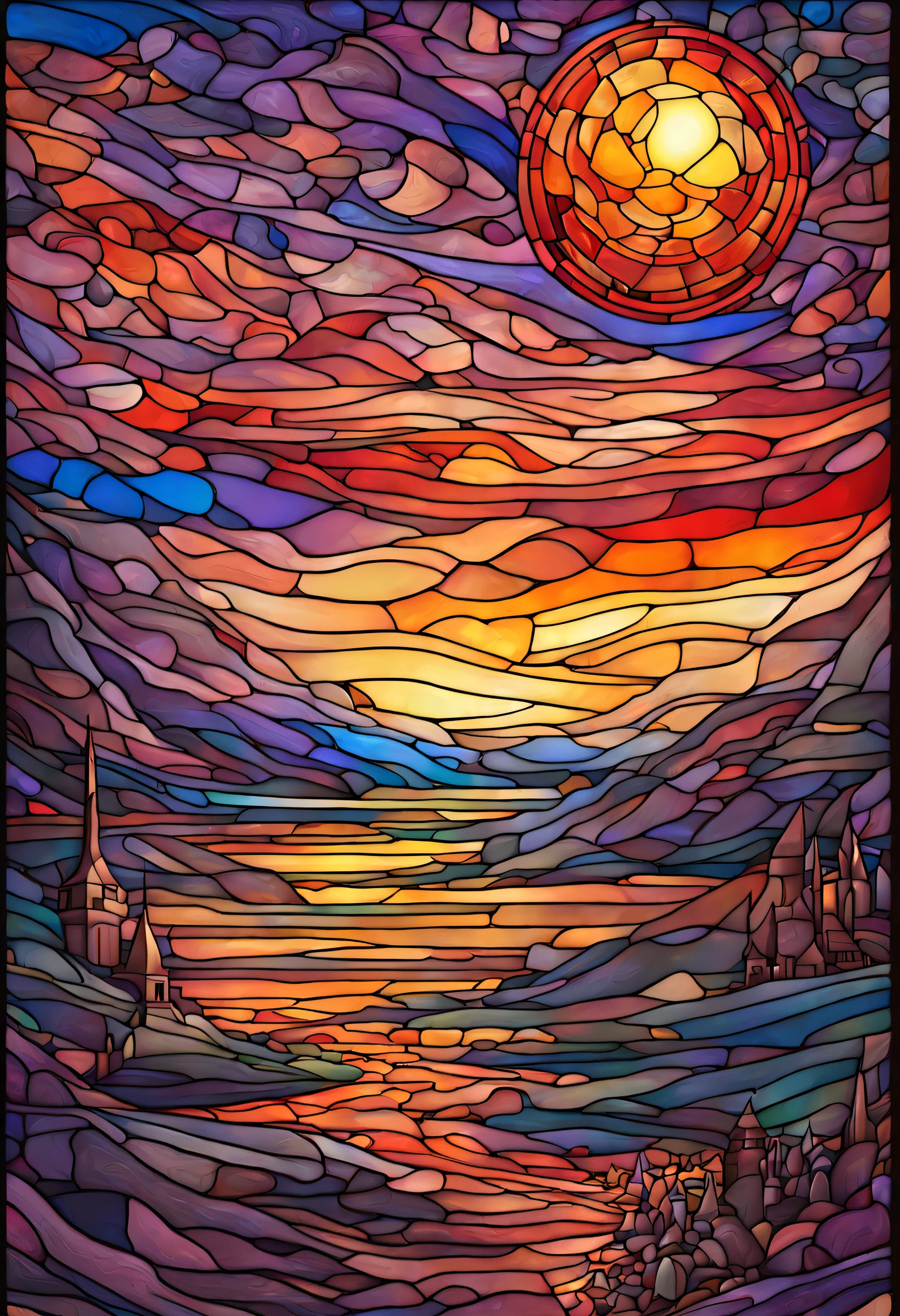 a magnificent sunset on a strange and mysterious alien Stained glass style planete. It's very textured and detailed with dreaming lot of whirlwind multicolored and dreaming dust