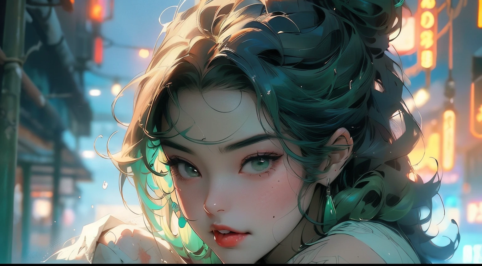 girl youtuber,(((1girl))),((extremely cute and beautiful green curly-haired girl)),

(short breasts:1.4),big butt,(((green curly hair:1.35,very curly hair,colored inner hair,ear breathing,short hair))),(((green_eyes:1.3))),intricate eyes,beautiful detailed eyes,symmetrical eyes,big eyes:1.3,((fat)),(((lustrous skin:1.5,bright skin: 1.5,skin tanned,shiny skin,very shiny skin,shiny body,plastic glitter skin,exaggerated shiny skin,illuminated skin,wet legs))),detailed body,(detailed face),

cute,slutty,seductive,erotic,(((nsfw))),

zettai ryouiki,revealing clothing,show skin,((rave minkirt,visible thong straps,white loose tank top with an anime art print)),((wet clothes,intricate outfit,intricate clothes)),

(dynamic pose:1.0),embarrassed,(centered,scale to fit dimensions,Rule of thirds),

cyberpunk city by the ocean at night, with bright neon signs and dark stormy clouds and puddles, scenery:1.25,

artistic photography,(photography taken by sldr),highres, sharp focus, (ultra detailed, extremely detailed), (photorealistic artwork:1.37),(extremely detailed CG unity 8k wallpaper),((synthwave background theme)),(((vibrant colors))),(intricate background),(masterpiece),(best quality),