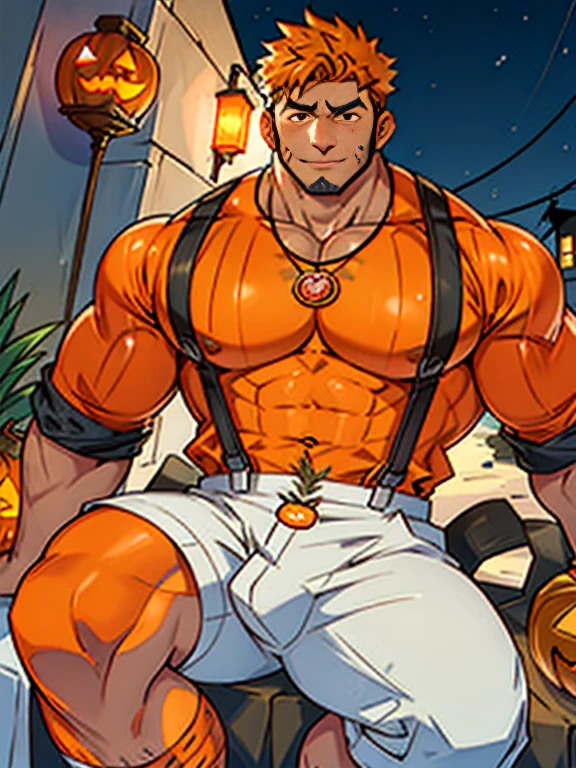 30 years old, big eyes, male, stubble, short hair, huge muscles, exaggerated muscles, mature man, muscle swelling, bodybuilding, pectoral muscles, abs, in the courtyard of European sculpture, jack-o'-lantern, orange striped shirt, open shirt, pumpkin badge, jack-o'-lantern necklace, orange suspenders, white long cotton socks, natural light, wet, wheat-colored skin, 1man, tattoo on forearm, Halloween ornaments, night, sitting on a patterned blanket with hearty festive food on the blanket, egg tarts, picnic basket, Potato chips, pizza, burgers, cola, legs stretched forward