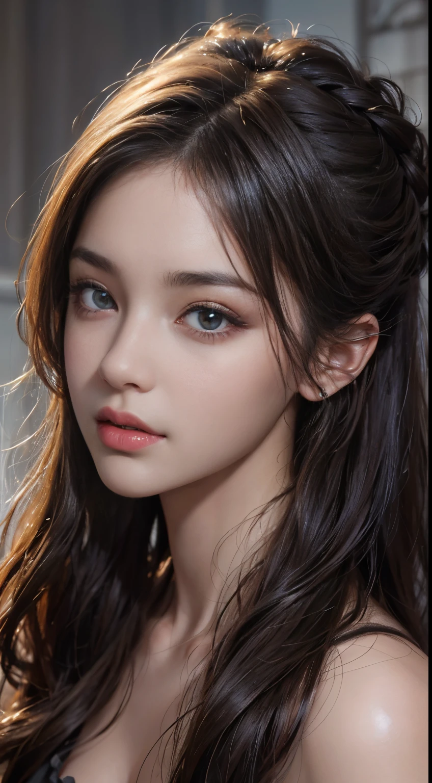 masterpiece, highly detailed, photorealistic, best quality, highres, realistic face, hyperrealistic, perfect eyes, shiny skin:1.2, hairstyle, , dynamic background,, detailed eyes, high quality eyes, high quality face, flowing hairstyle, epic, depth of field, bokeh, 4k, gothic,