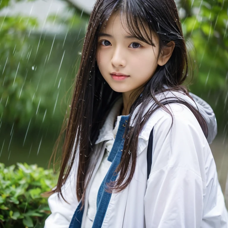 An ultra-high picture quality、Perfect Photo、japanes、Japanese female model、、a beauty girl、indoor white background、fullllbody、Narrow-eyed、large mouth、eye closed、the wind、The upper part of the body、Wet hair、Spring clothes、worry、looking downwards、Getting wet in the rain、sodden、get angry、dislike、Drenched hair、rainy day、semi long hair、Bathing in the rain、Pouring rain、