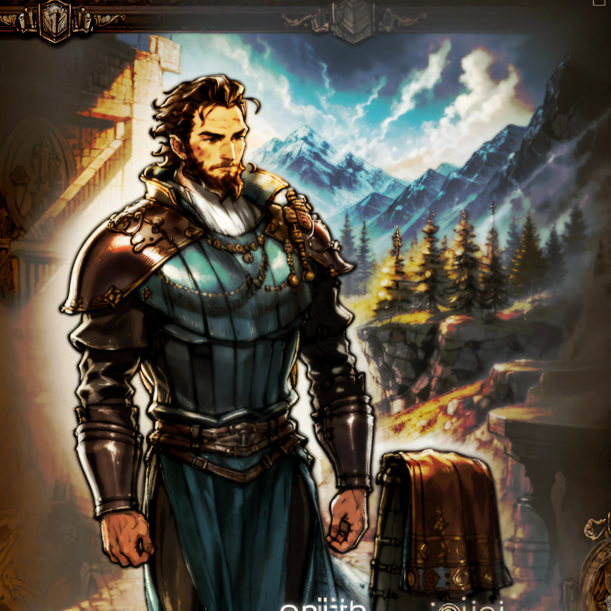 Masterpiece, best quality, 1man, royal colour, armor, paladin, mountains, beard, brownhair