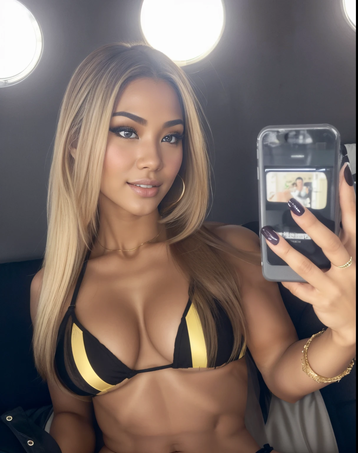 Young Thai woman, physique parfait, physique parfait, wearing y black lingerie sitting on the couch with legs open, corps sex(8k), (Best quality), (Masterpiece:1.3), (Realstic), (photoreallistic:1.34), Ultra-detailed, [beautiful detailed  eyes], (sourire), (sourire), (beautiful nose detailed), [very long blonde hair], (haut court), lingerie noire,perbes seins tailrmale), (gros plan), profondeur de champ, full body view, sitting on sofa, legs spread, showing crotch, pieds en l'air
