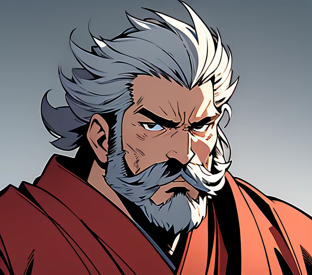 masterpiece, Best Quality, detailed, 4k, Background with:In front of a pavilion inside an ancient Japanese city, black&Wearing red traditional clothing and armor, A muscular old (80 years old) wrinkly weathered rough man who an absolute expert in martial arts.(long slicked-back grey hair and long white handlebar mustache, long white sideburns, tall forehead) , Cool pose, the style a mix between Masashi Kishimoto's and Yusuke Murata's and Sui Ishida's, anime, shoulder portrait