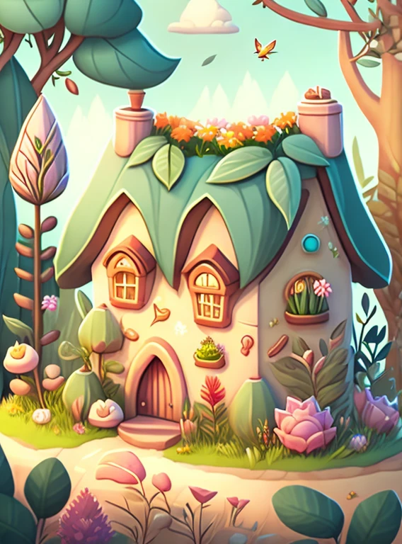 Cartoon-style house, flowers and plants, magical elements, mobile game, forest and plants, a touch of magical elements, outlines of animals.