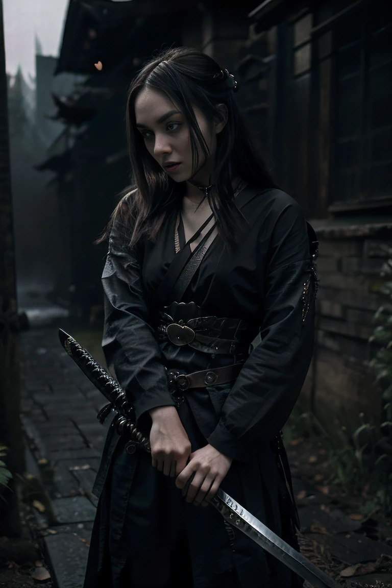 Photographic quality, capture the composition of a female samurai (face AnnaSophia Robb)  (Gothic Slavic girl) With a sword (katana) in hands and black gothic outfit, pointing sword(katana) on the enemy. hold the sword with both hands,Dark and ruthless hard - boiled style, Michelangelo, digital illustration art & Pen Tablet, Dark & Cold light —v 5.2,(Black Style),menacing pose,holds the handle of the katana firmly with both hands, Ferocious view, brandishes a katana,