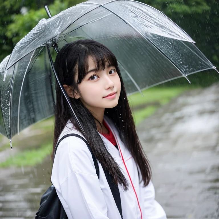 An ultra-high picture quality、Perfect Photo、japanes、Japanese female model、15yo student、a beauty girl、indoor white background、fullllbody、Full body like、Narrow-eyed、large mouth、eye closed、the wind、The upper part of the body、Wet hair、student clothes、worry、looking downwards、Getting wet in the rain、sodden、get angry、dislike、Drenched hair、rainy day、semi long hair、Bathing in the rain、Pouring rain、