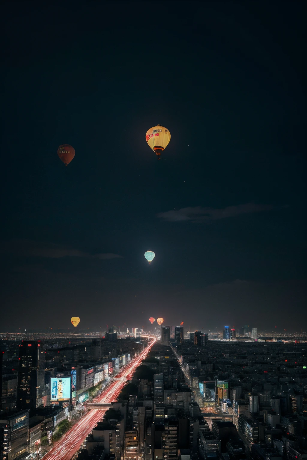 Develops a high-quality image, rich in detail and realism, that depicts the vibrant night lights of Tokyo. Add a magical touch to the scene with the presence of floating balloons, highlighting the city's unique atmosphere. Ensure that lighting, shadows and compositional elements contribute to an engaging and aesthetically stunning visual representation of Tokyo's iconic nighttime cityscape, with careful attention to the details of balloons and city lights